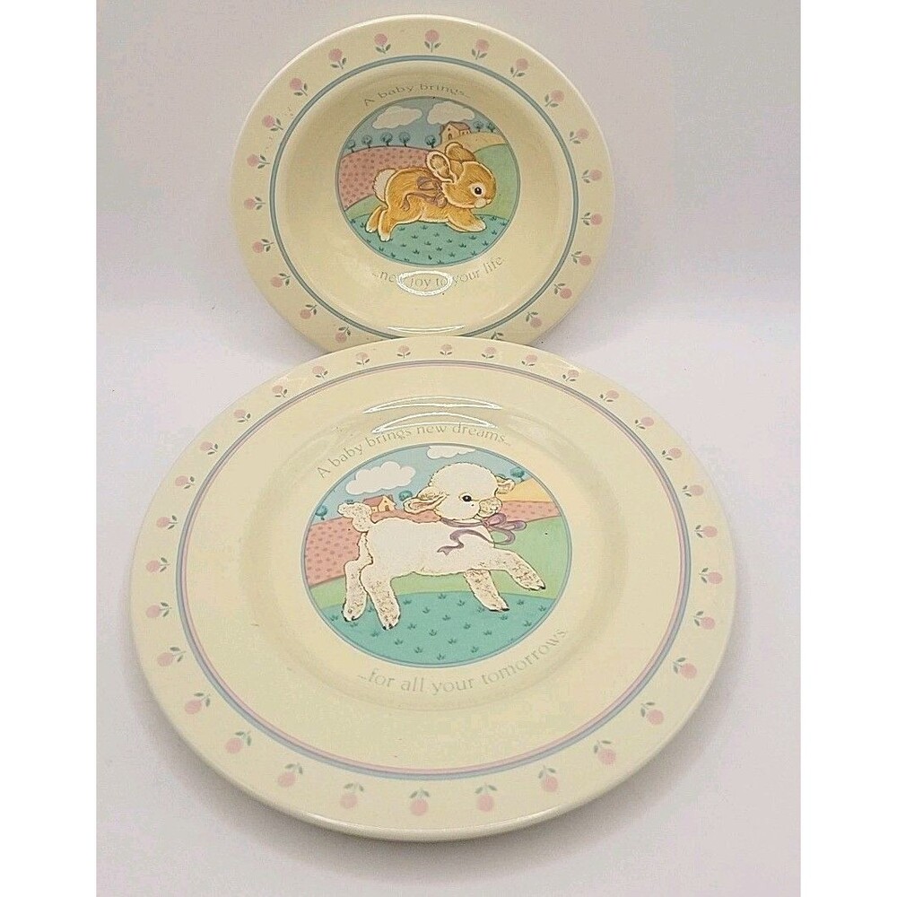 Vtg Hallmark Baby Plate & Bowl Bunny Lamb Baby Heirloom Collection Dish Set 1984